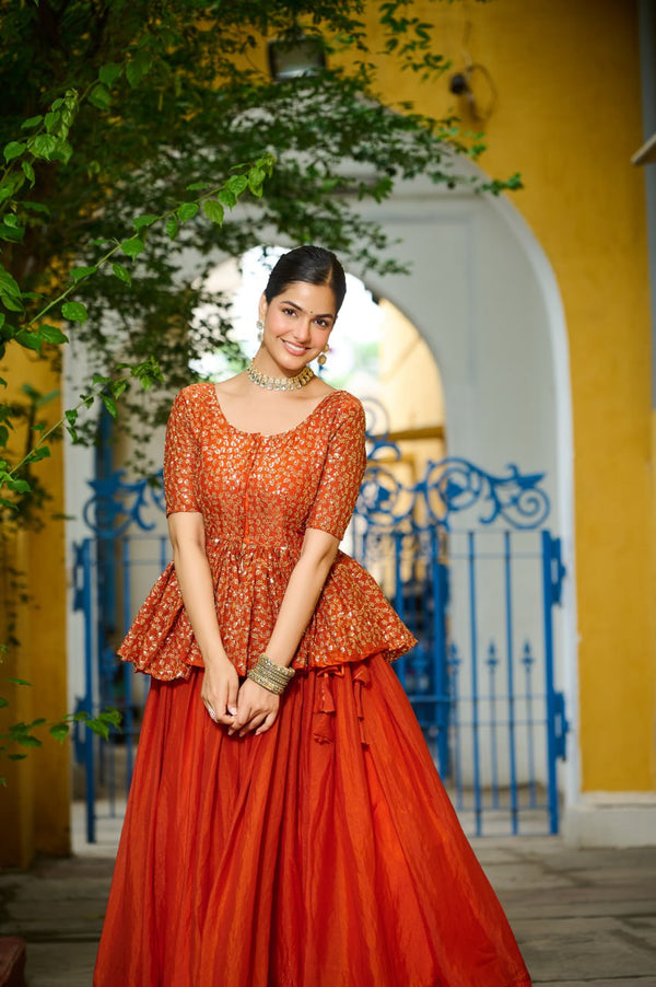 Orange Fendy Fabric Full-Stitched Lehenga Set with Sequins Embroidered Peplum Blouse ClothsVilla