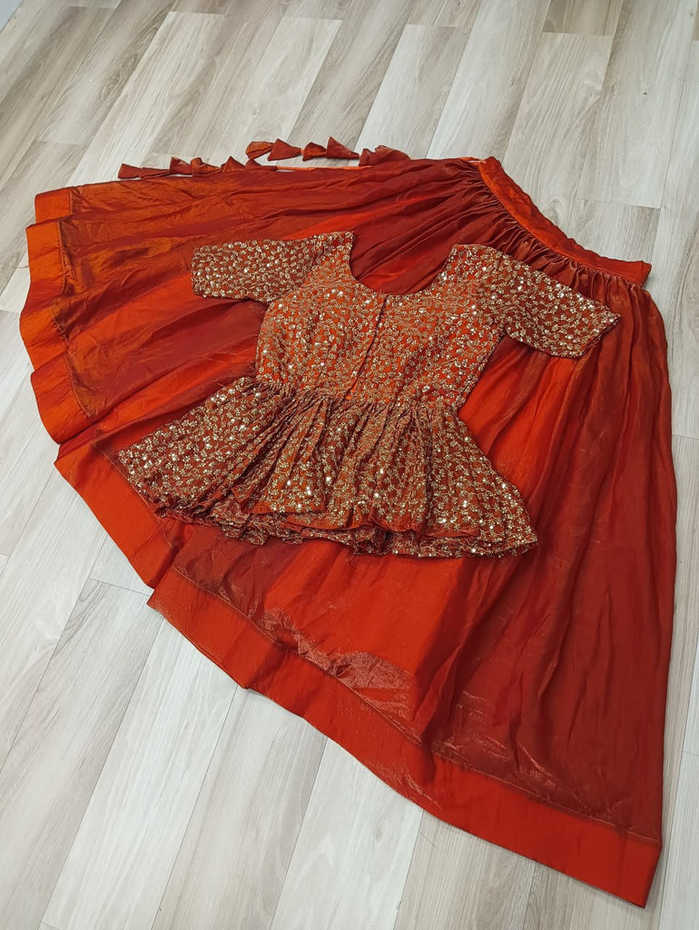 Orange Fendy Fabric Full-Stitched Lehenga Set with Sequins Embroidered Peplum Blouse ClothsVilla