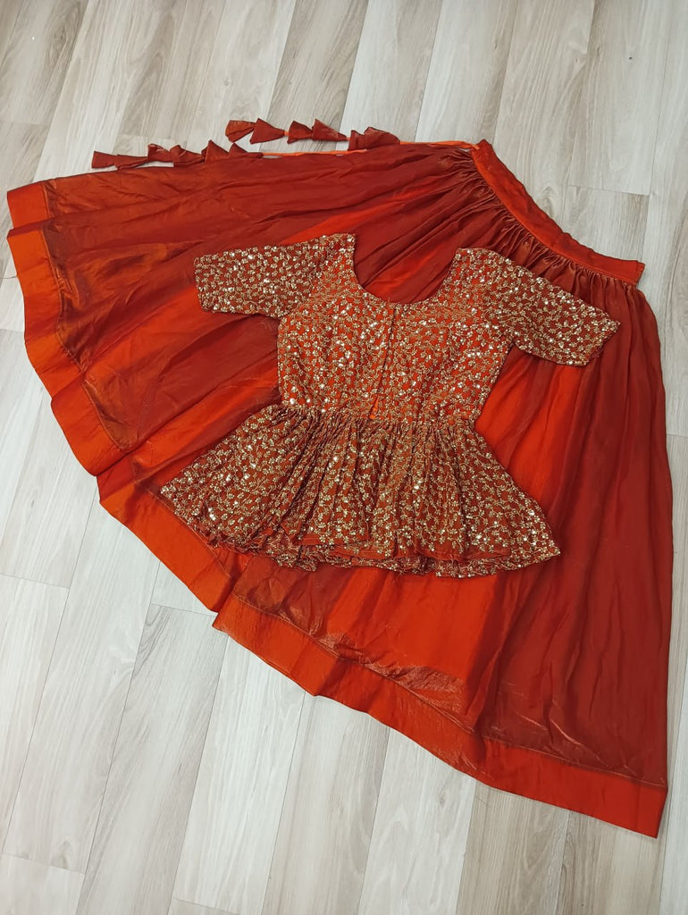 Orange Fendy Fabric Full-Stitched Lehenga Set with Sequins Embroidered Peplum Blouse ClothsVilla