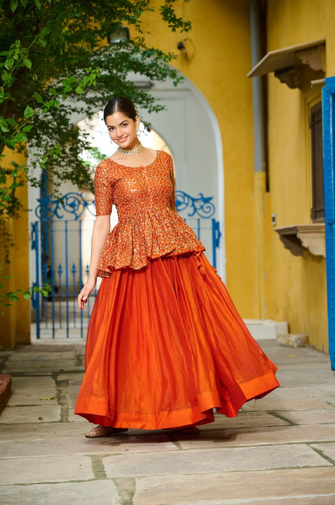 Orange Fendy Fabric Full-Stitched Lehenga Set with Sequins Embroidered Peplum Blouse ClothsVilla