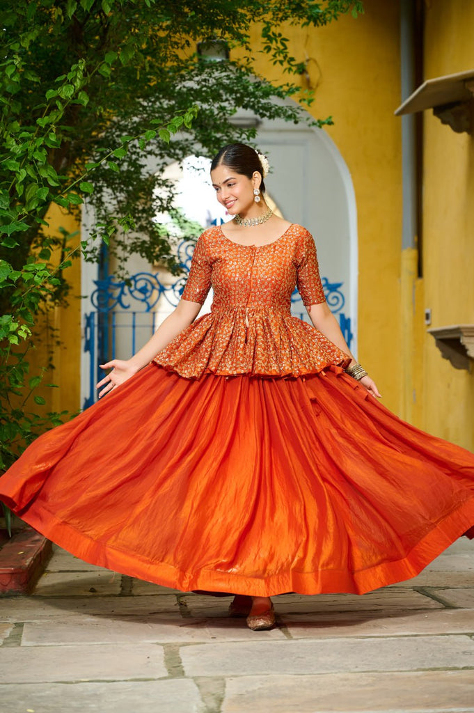 Orange Fendy Fabric Full-Stitched Lehenga Set with Sequins Embroidered Peplum Blouse ClothsVilla