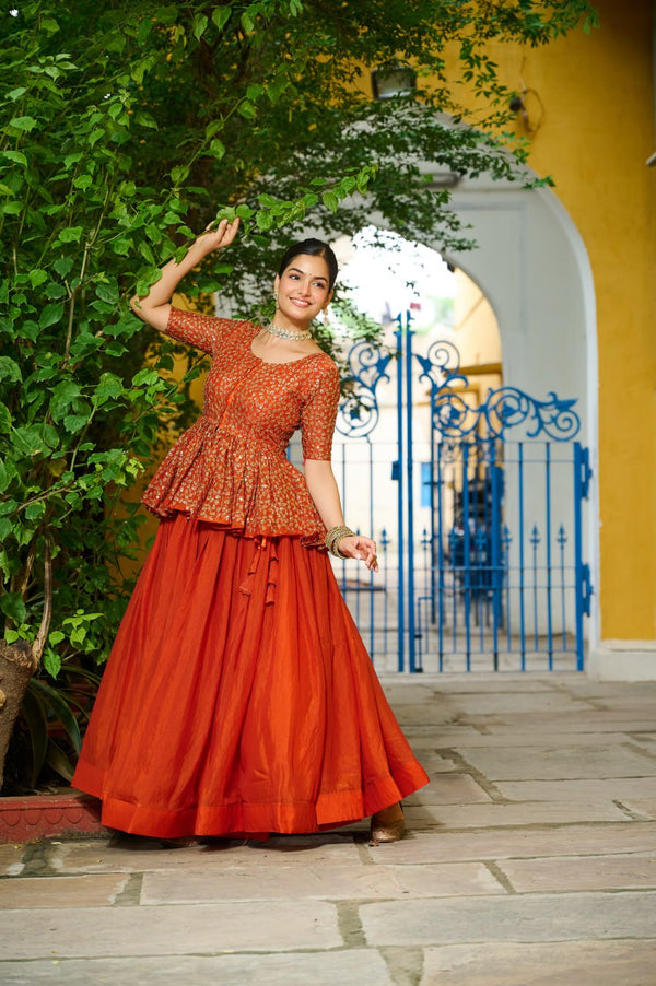 Orange Fendy Fabric Full-Stitched Lehenga Set with Sequins Embroidered Peplum Blouse ClothsVilla