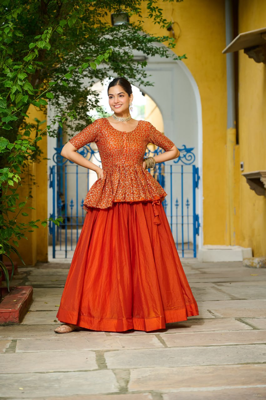 Orange Fendy Fabric Full-Stitched Lehenga Set with Sequins Embroidered Peplum Blouse ClothsVilla