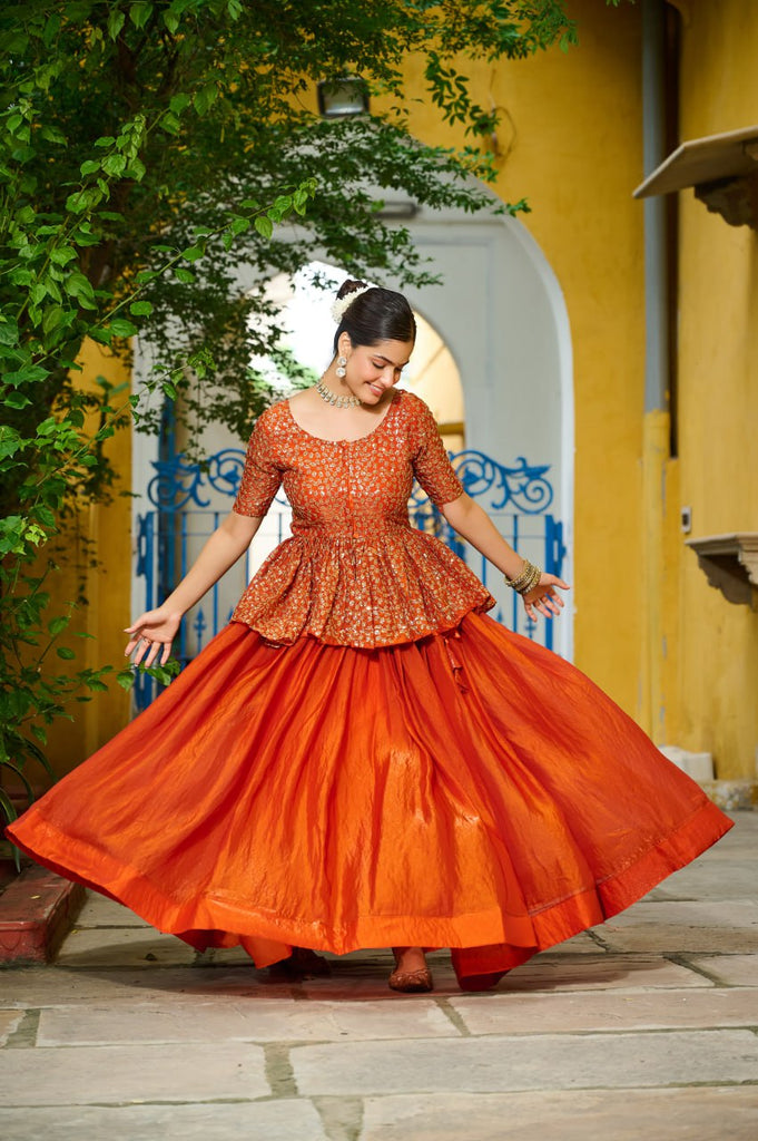 Orange Fendy Fabric Full-Stitched Lehenga Set with Sequins Embroidered Peplum Blouse ClothsVilla