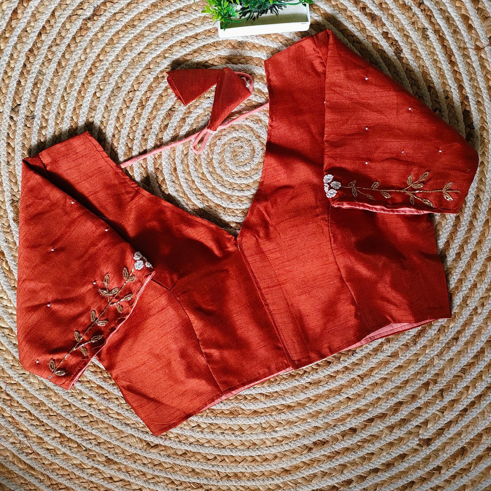 Orange Festival Wear Blouse in Assami Silk with Handcrafted Golden and Pearl Work ClothsVilla Main image
