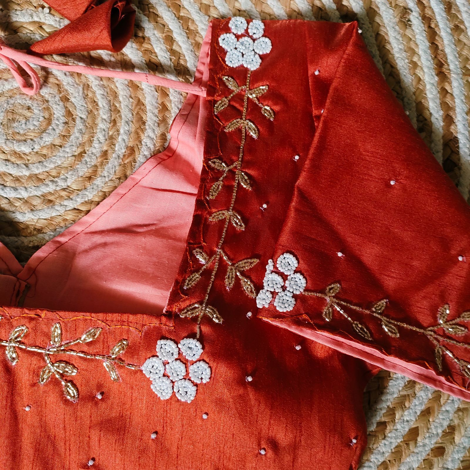 Orange Festival Wear Blouse in Assami Silk with Handcrafted Golden and Pearl Work Secondary image