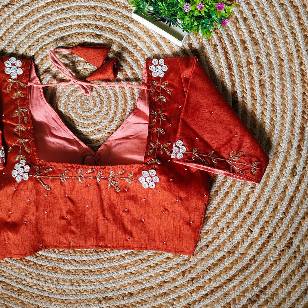 Orange Festival Wear Blouse in Assami Silk with Handcrafted Golden and Pearl Work ClothsVilla