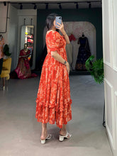 Load image into Gallery viewer, Orange Floral Georgette Frock for Effortless Summer Style ClothsVilla