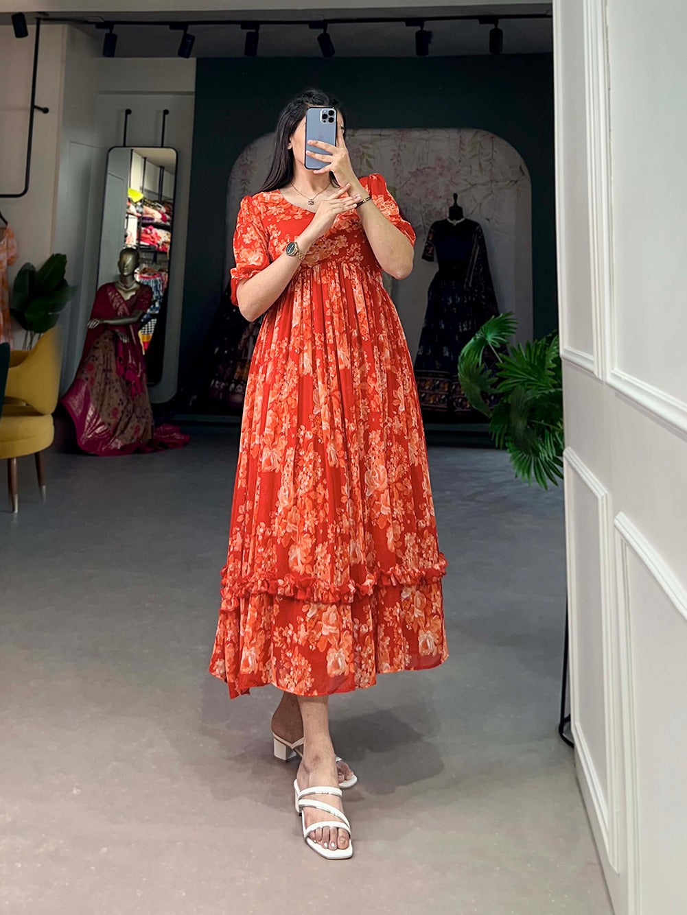 Orange Floral Georgette Frock for Effortless Summer Style ClothsVilla
