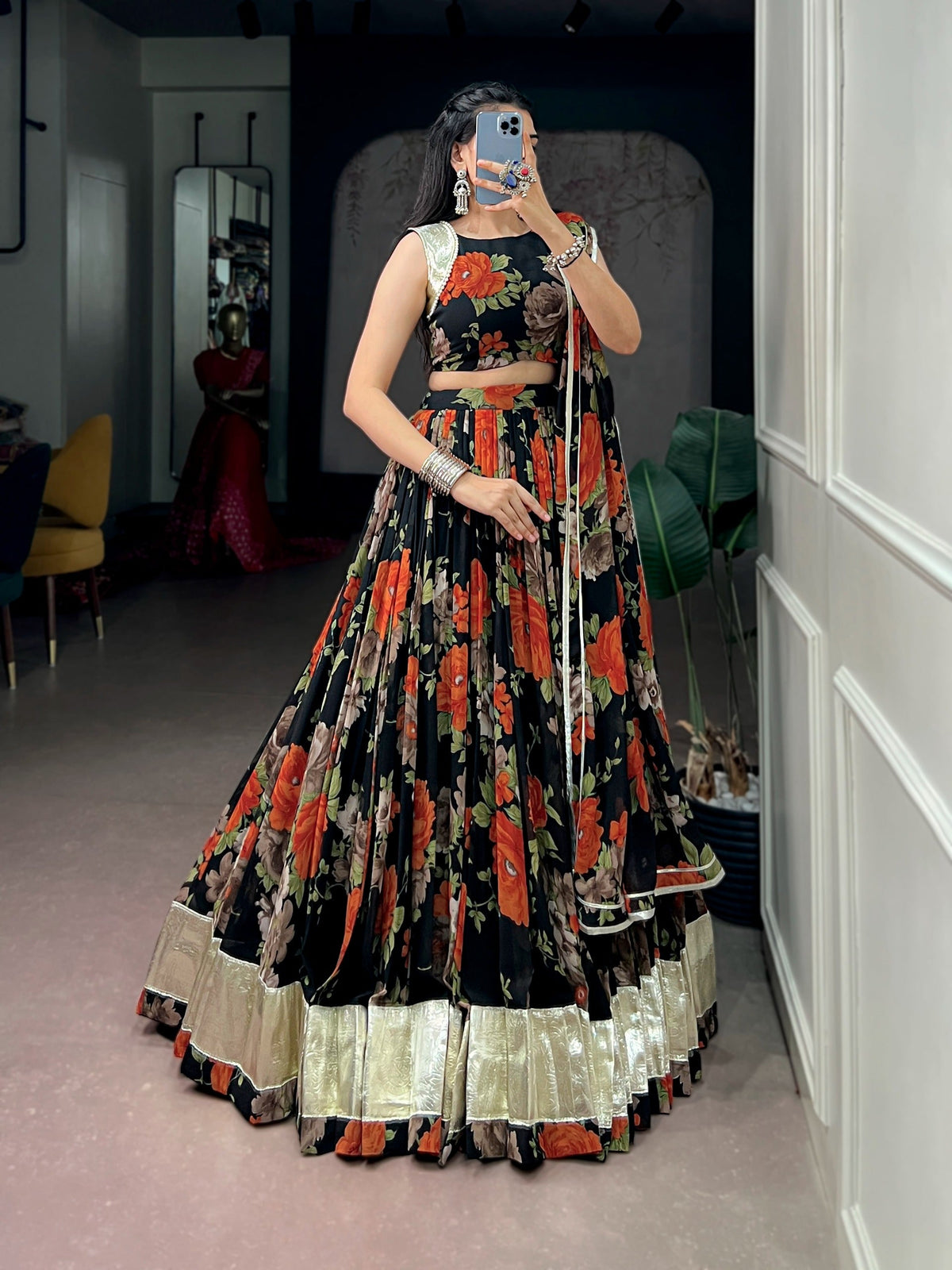 Orange Floral Print Lehenga Choli ClothsVilla