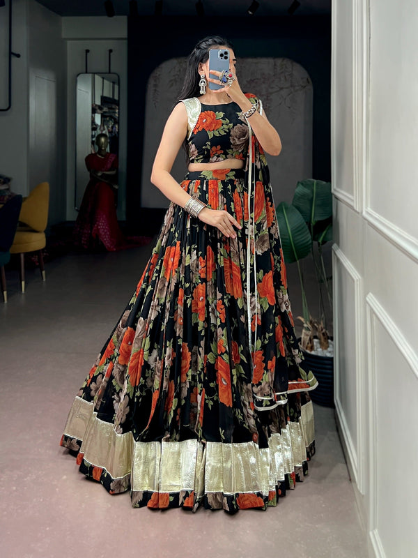 Orange Floral Print Lehenga Choli ClothsVilla