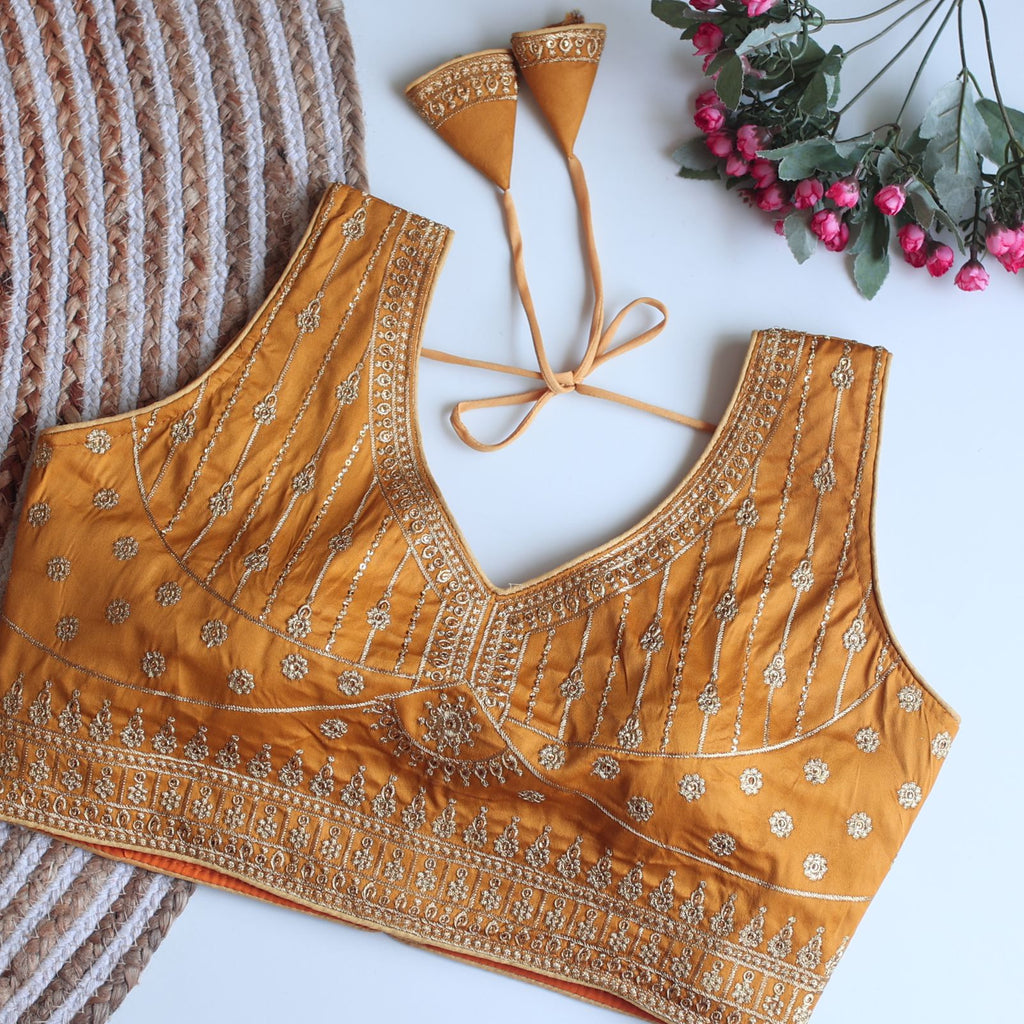 Orange Full Embroidery Monsoon Silk Blouse with Golden Sequin Design ClothsVilla