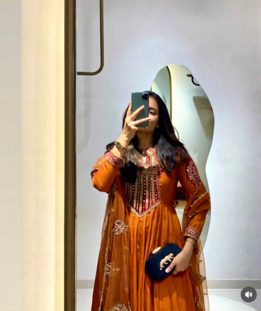 Orange Georgette Embroidered Anarkali Set