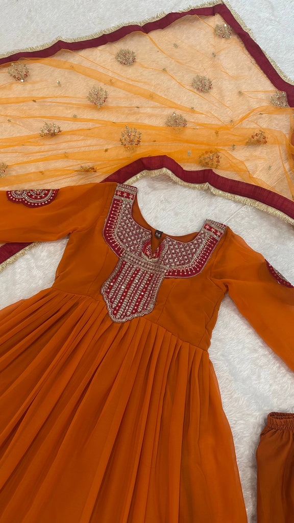 Orange Georgette Embroidered Anarkali Set
