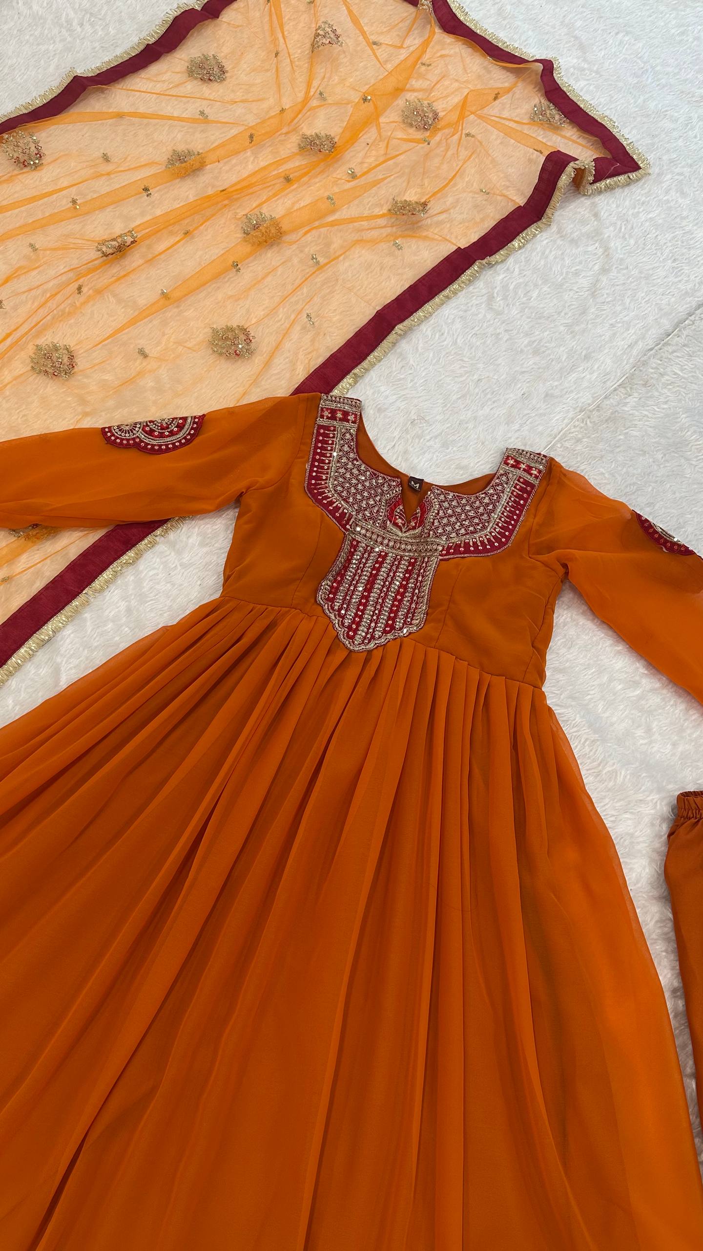 Orange Georgette Embroidered Anarkali Set