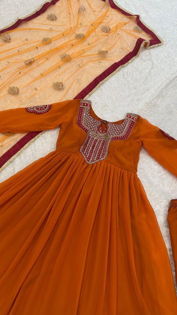 Orange Georgette Embroidered Anarkali Set