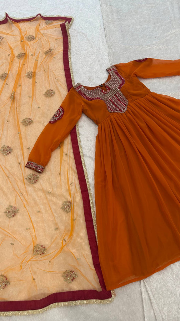 Orange Georgette Embroidered Anarkali Set