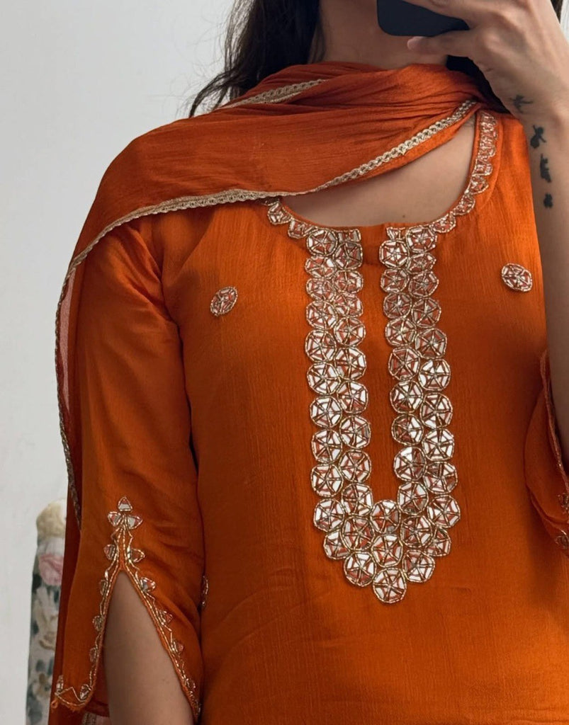 Orange Georgette Embroidered Top Palazzo Set