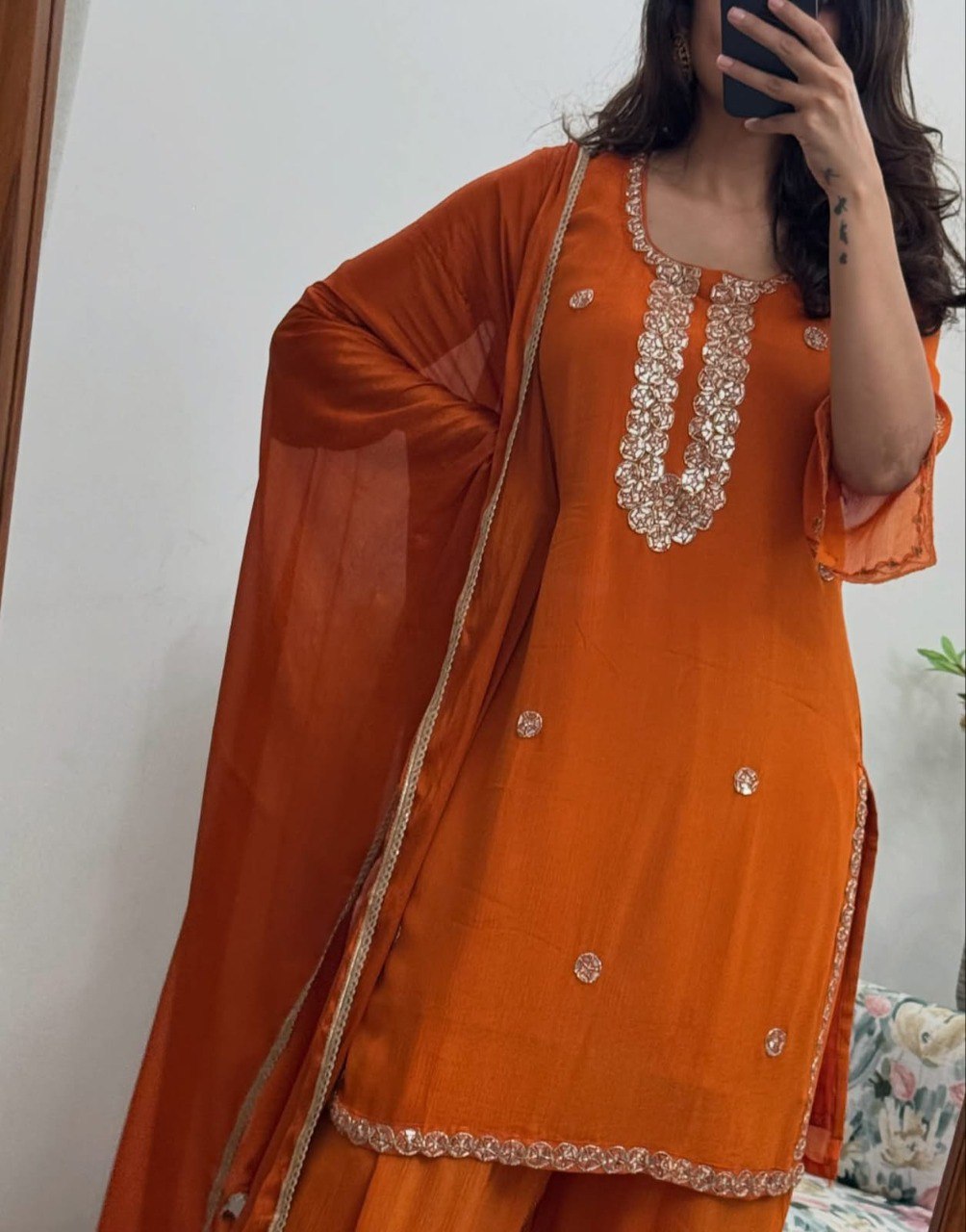 Orange Georgette Embroidered Top Palazzo Set Secondary image