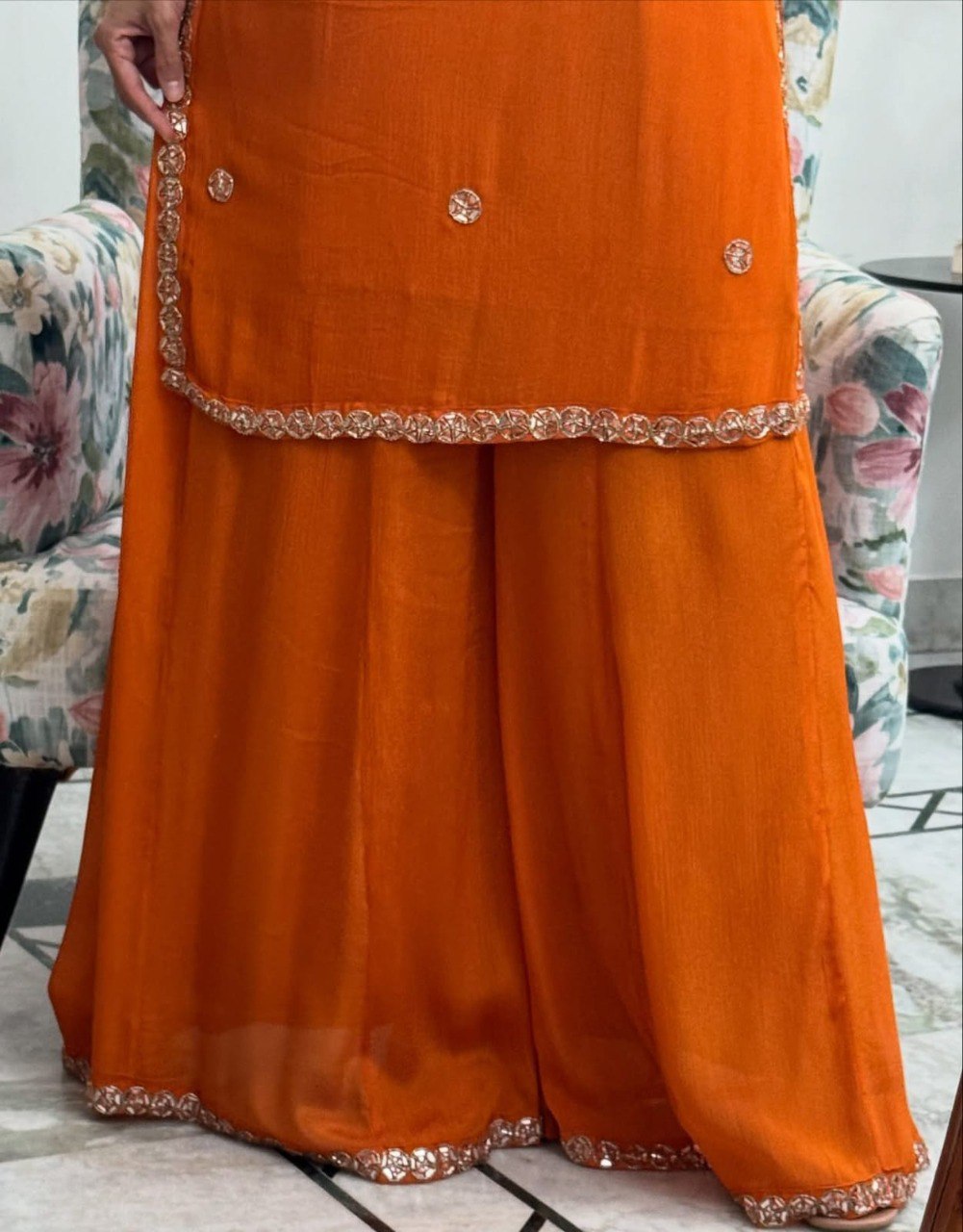 Orange Georgette Embroidered Top Palazzo Set