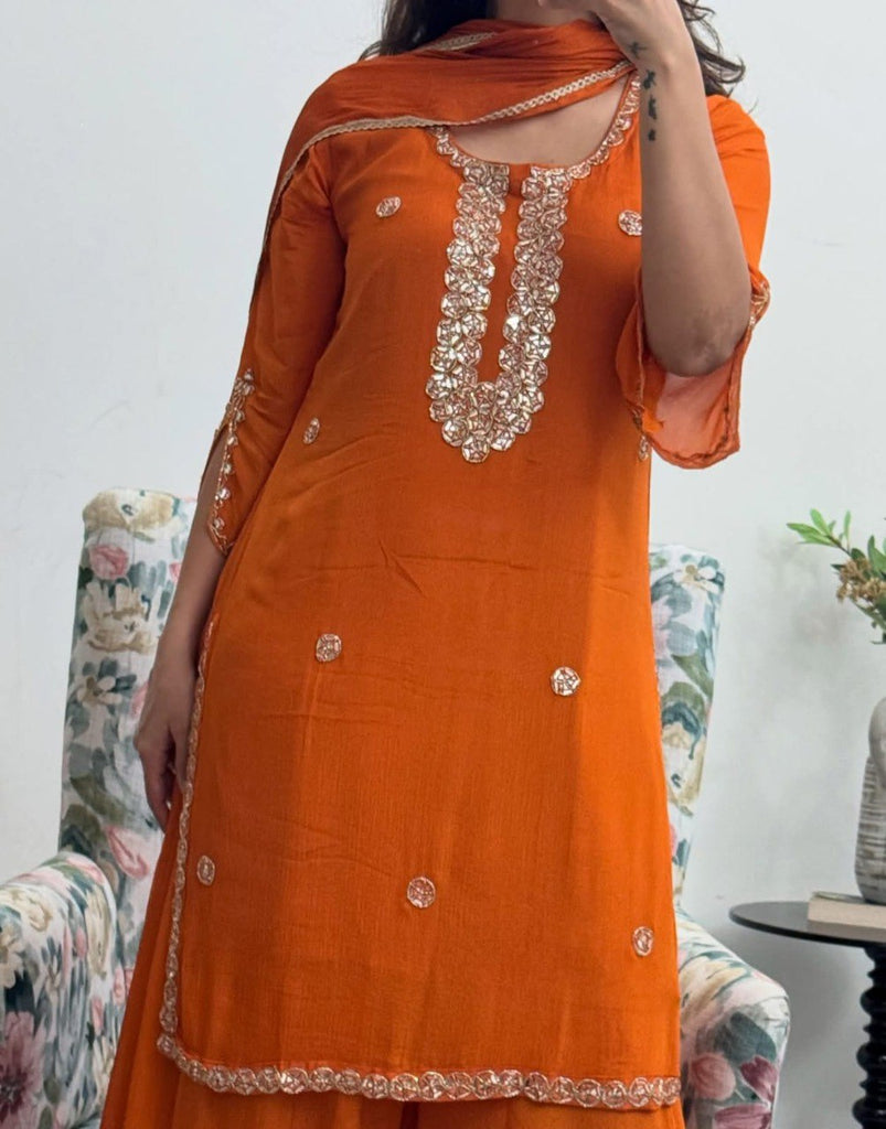 Orange Georgette Embroidered Top Palazzo Set
