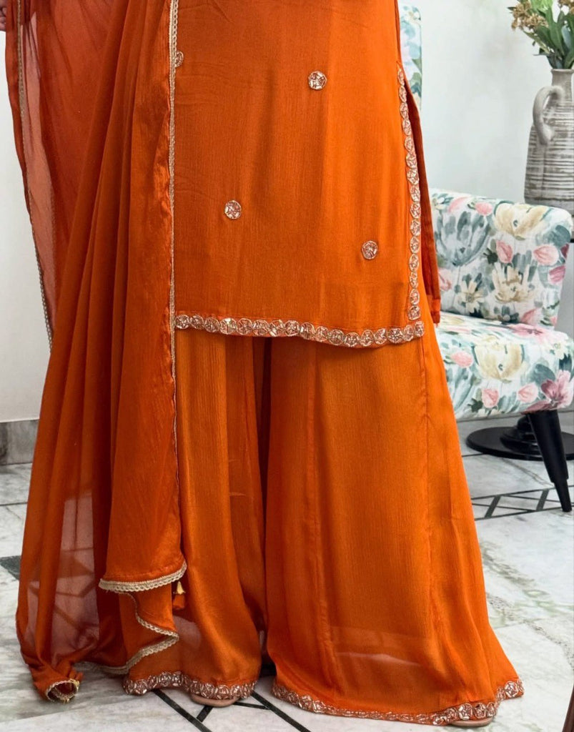 Orange Georgette Embroidered Top Palazzo Set