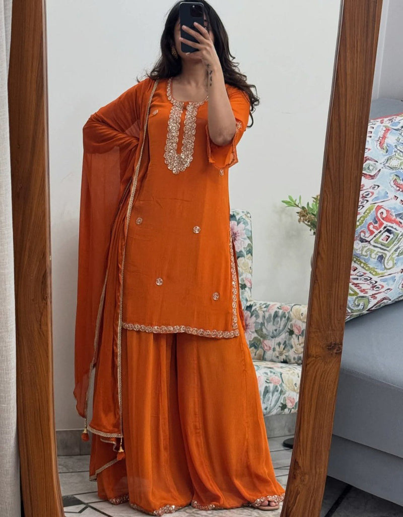 Orange Georgette Embroidered Top Palazzo Set