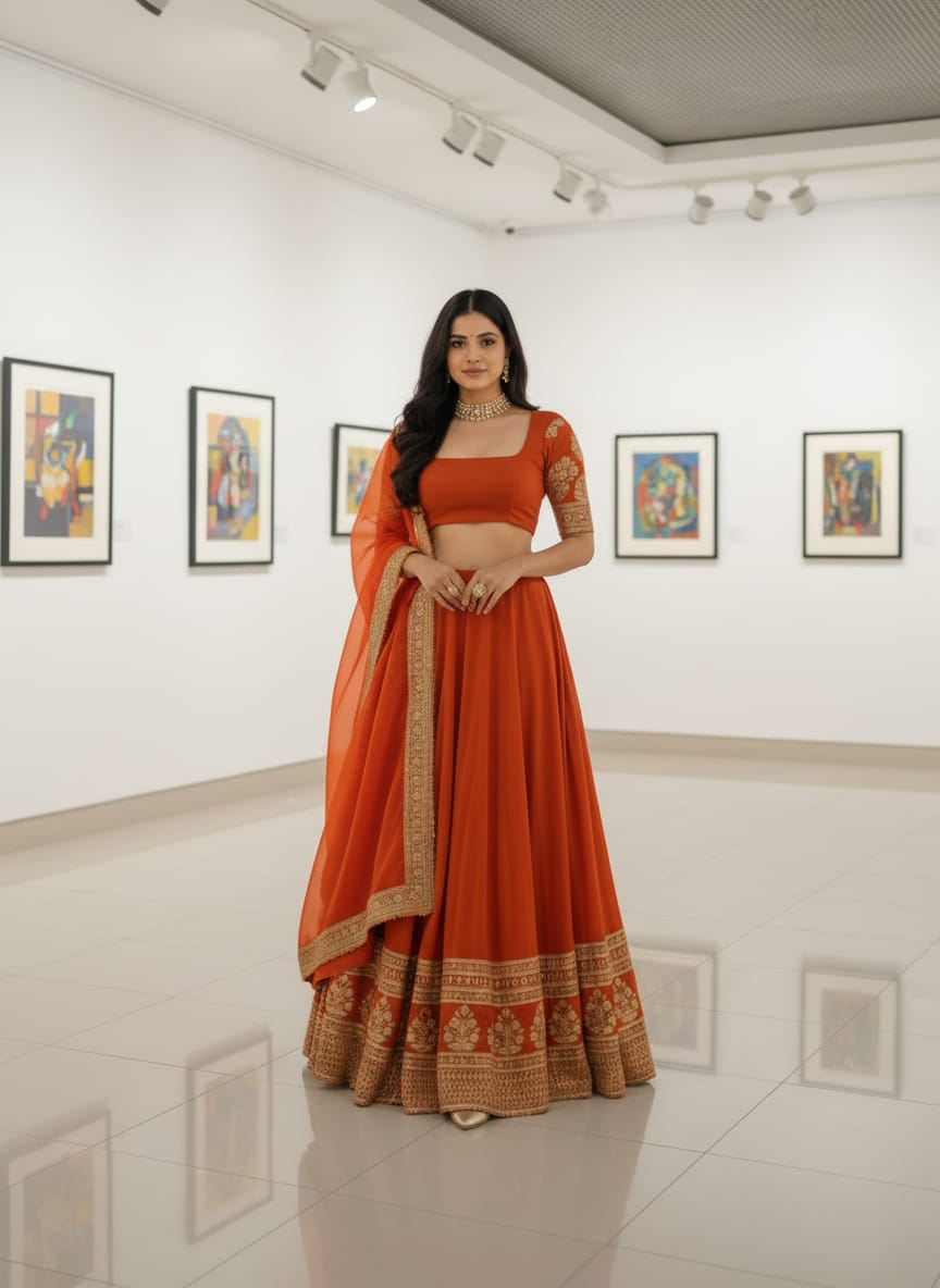 Orange Georgette Zari Embroidered Lehenga Set Main image
