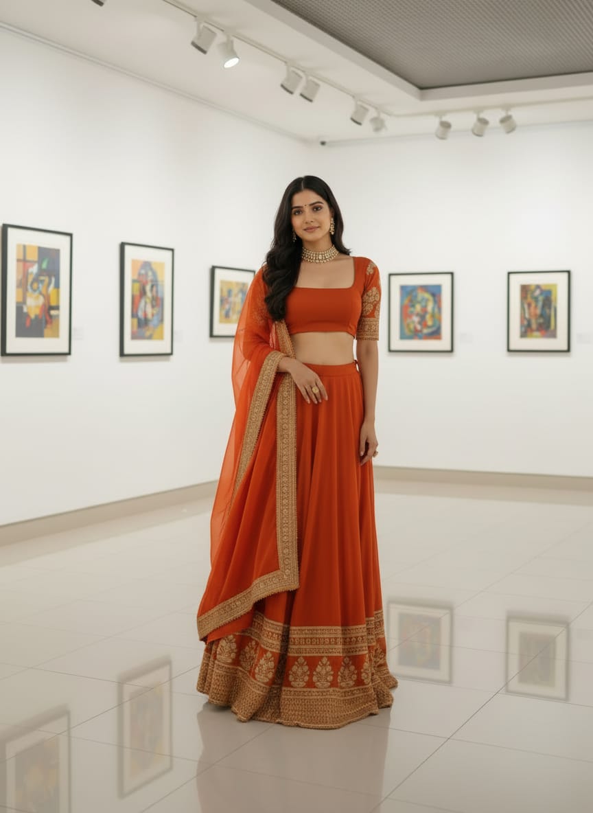 Orange Georgette Zari Embroidered Lehenga Set