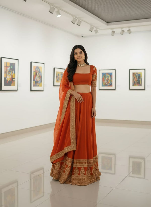 Orange Georgette Zari Embroidered Lehenga Set