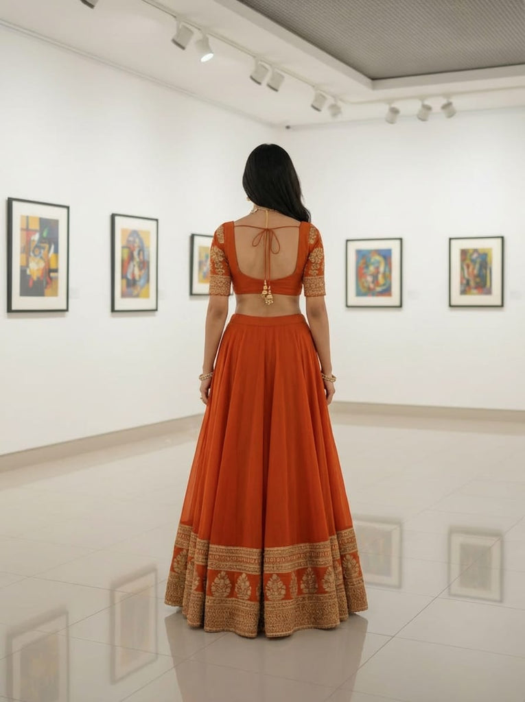 Orange Georgette Zari Embroidered Lehenga Set