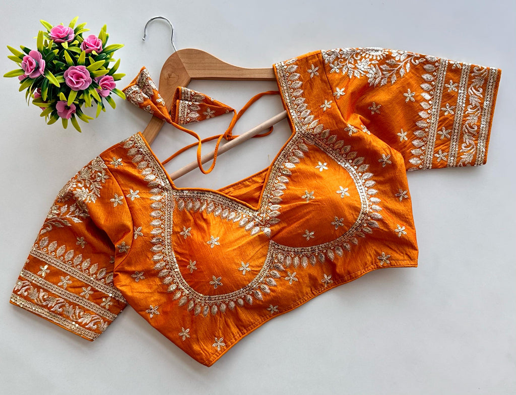 Orange Golden Embroidered Blubbery Silk Blouse with Sequins ClothsVilla