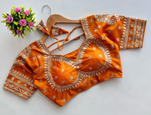 Load image into Gallery viewer, Orange Golden Embroidered Blubbery Silk Blouse with Sequins ClothsVilla