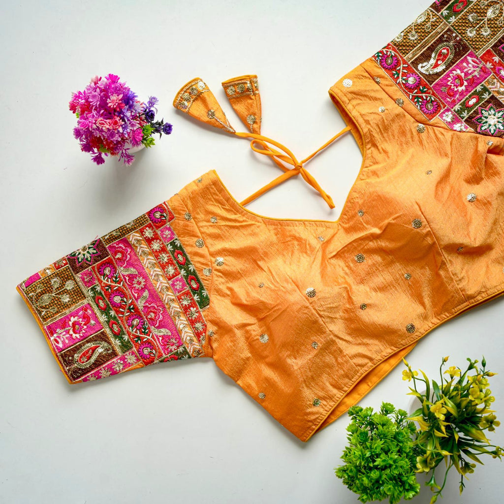 Orange Golden Embroidered Seoul Silk Blouse with Sequins ClothsVilla