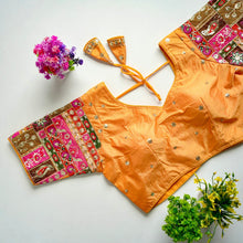 Load image into Gallery viewer, Orange Golden Embroidered Seoul Silk Blouse with Sequins ClothsVilla