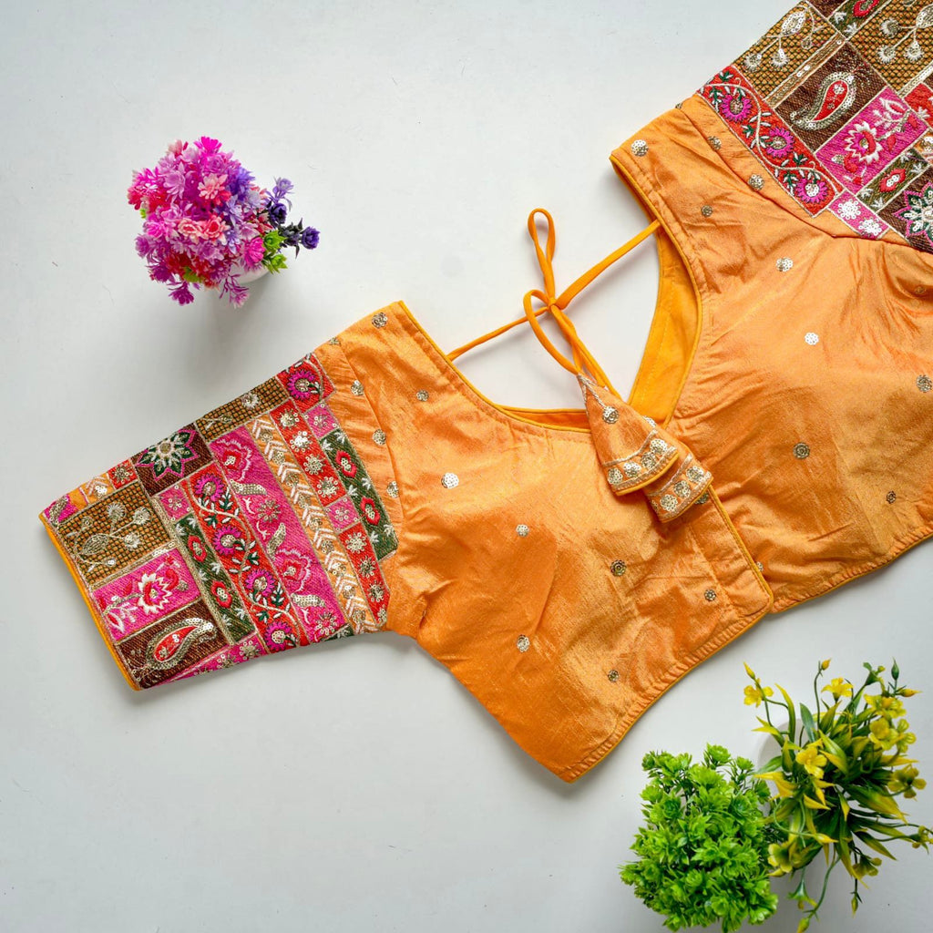 Orange Golden Embroidered Seoul Silk Blouse with Sequins ClothsVilla