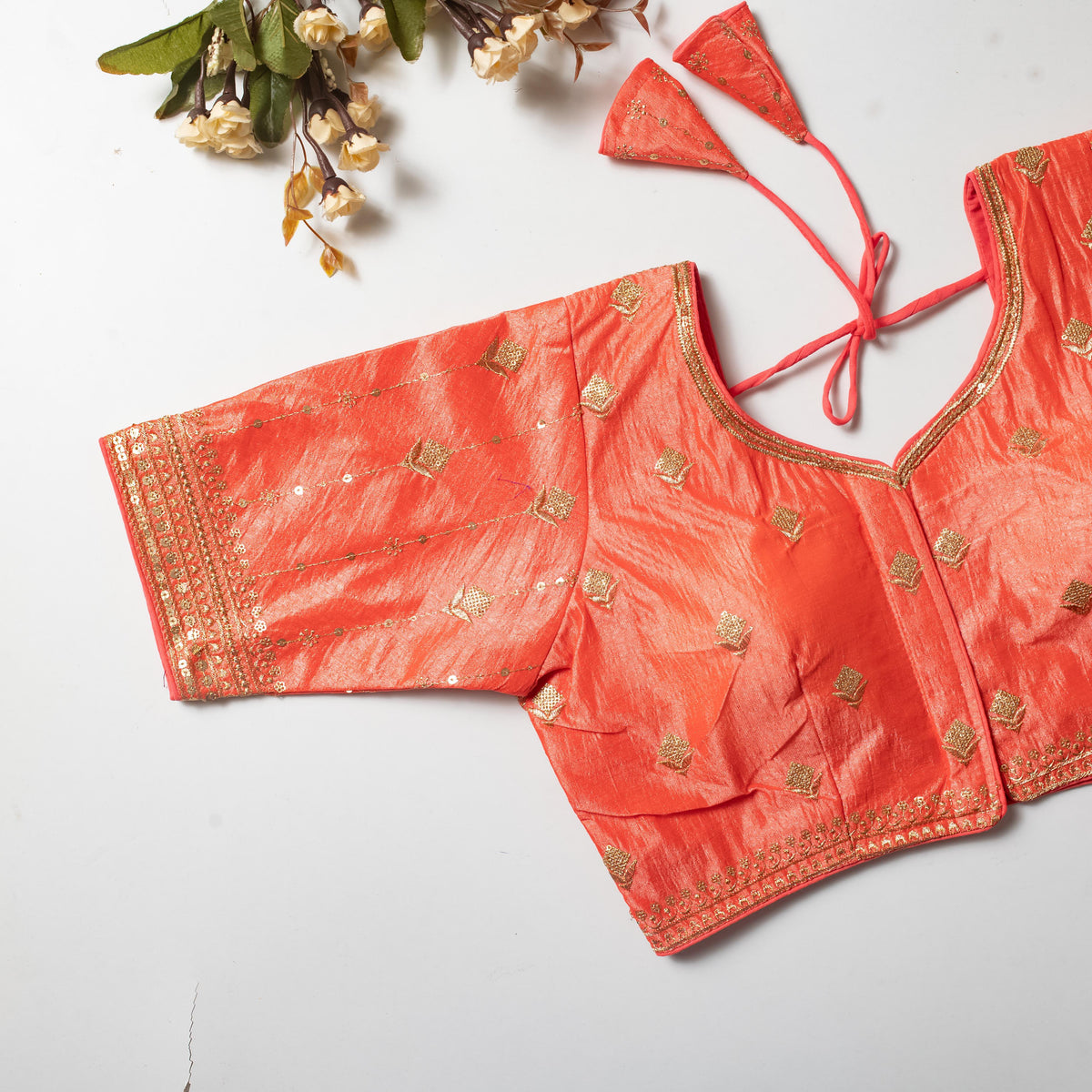 Orange Golden Embroidered Vibrant Silk Blouse with Sequins ClothsVilla Main image
