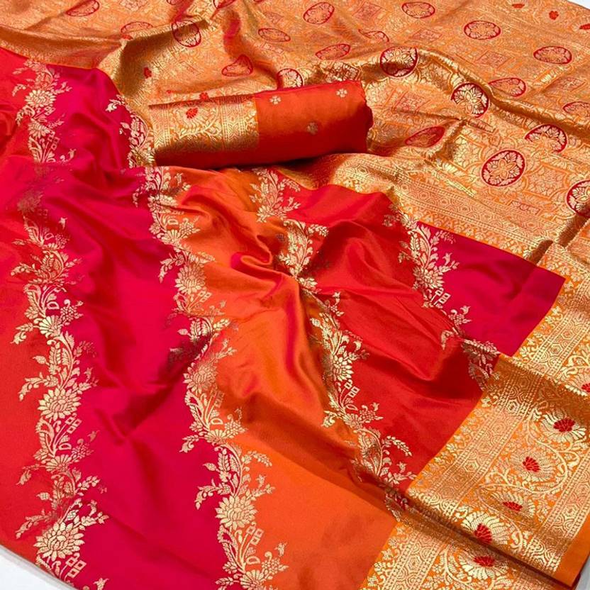 Orange Graceful Art Silk Printed Handloom Saree with Unstitched Blouse Piece ClothsVilla