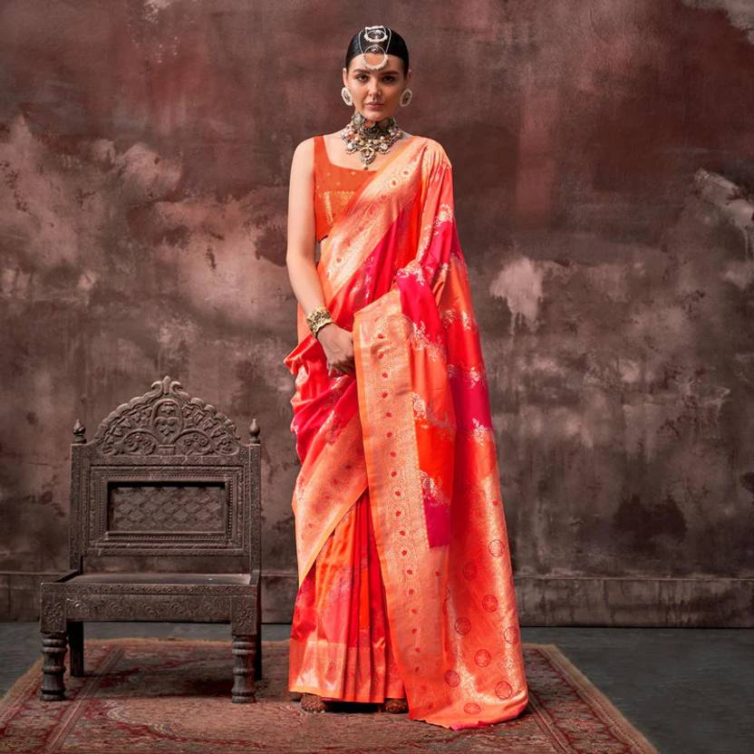 Orange Graceful Art Silk Printed Handloom Saree with Unstitched Blouse Piece ClothsVilla