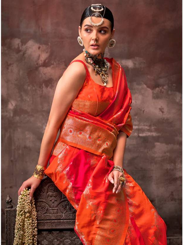 Orange Graceful Art Silk Printed Handloom Saree with Unstitched Blouse Piece ClothsVilla