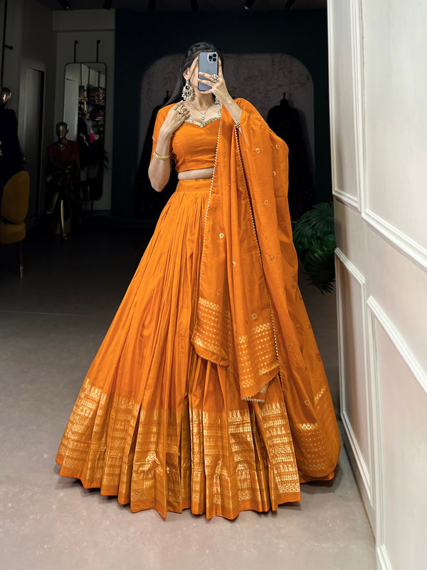 Orange Graceful Elegance Pure Chanderi Plain Lehenga with Zari Border & Sequin Embellished Dupatta