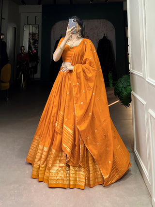 Orange Graceful Elegance Pure Chanderi Plain Lehenga with Zari Border & Sequin Embellished Dupatta