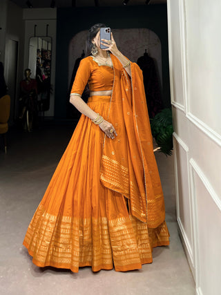 Orange Graceful Elegance Pure Chanderi Plain Lehenga with Zari Border & Sequin Embellished Dupatta