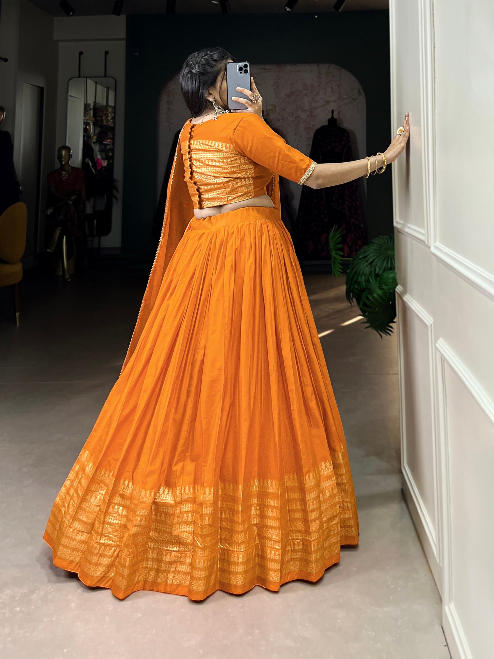Orange Graceful Elegance Pure Chanderi Plain Lehenga with Zari Border & Sequin Embellished Dupatta