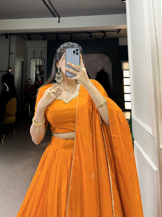 Orange Graceful Elegance Pure Chanderi Plain Lehenga with Zari Border & Sequin Embellished Dupatta