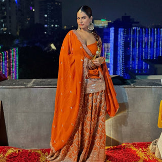 Orange Graceful Faux Georgette Embroidered Plazo Set with Dupatta ClothsVilla