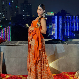 Orange Graceful Faux Georgette Embroidered Plazo Set with Dupatta ClothsVilla