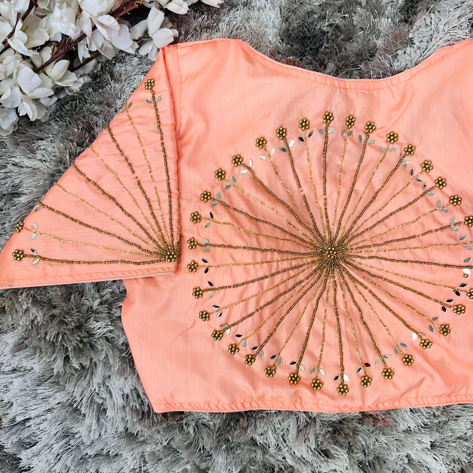 Orange Handcrafted tumtum silk Golden Blouse with Ambla Mirror Accents ClothsVilla Main image