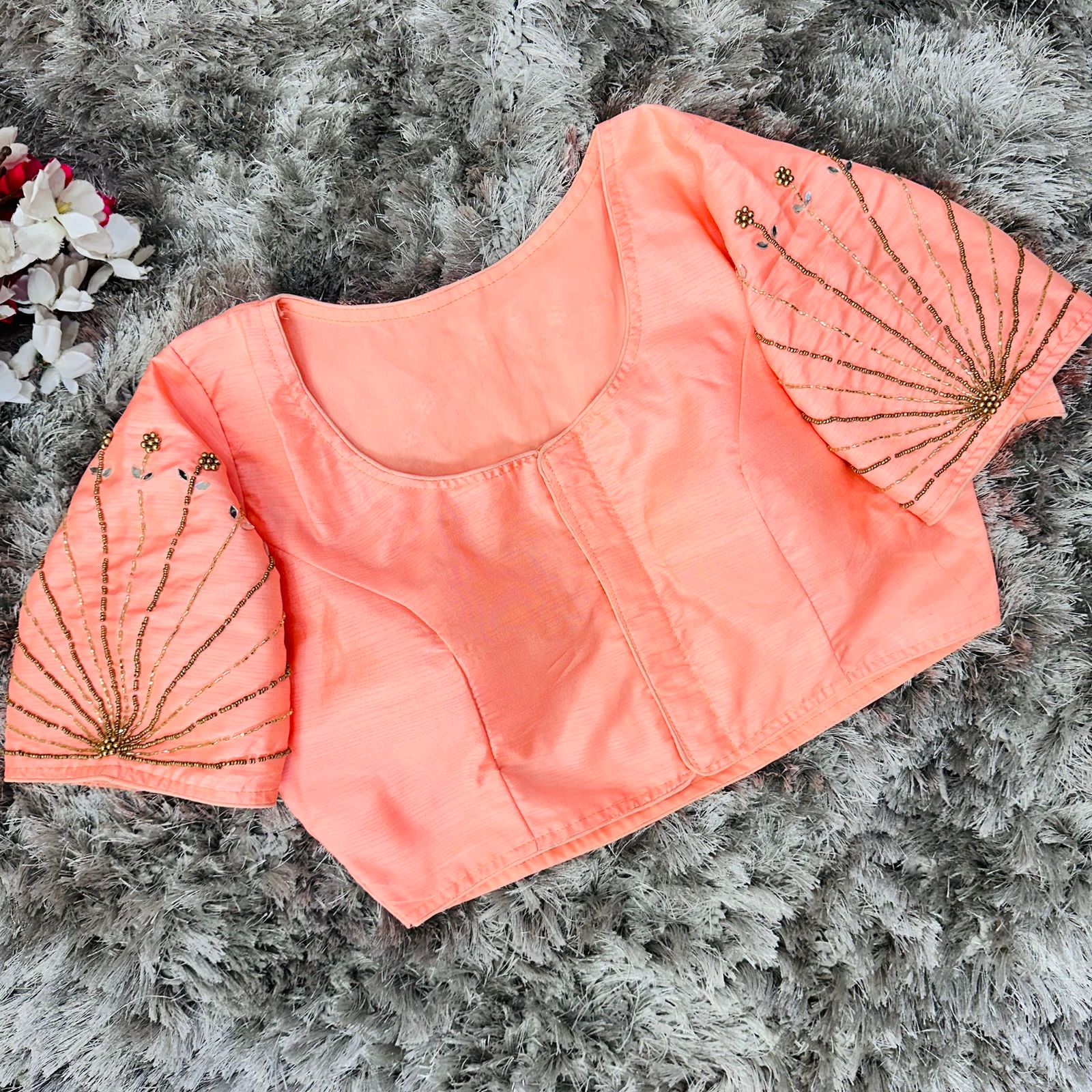 Orange Handcrafted tumtum silk Golden Blouse with Ambla Mirror Accents Secondary image