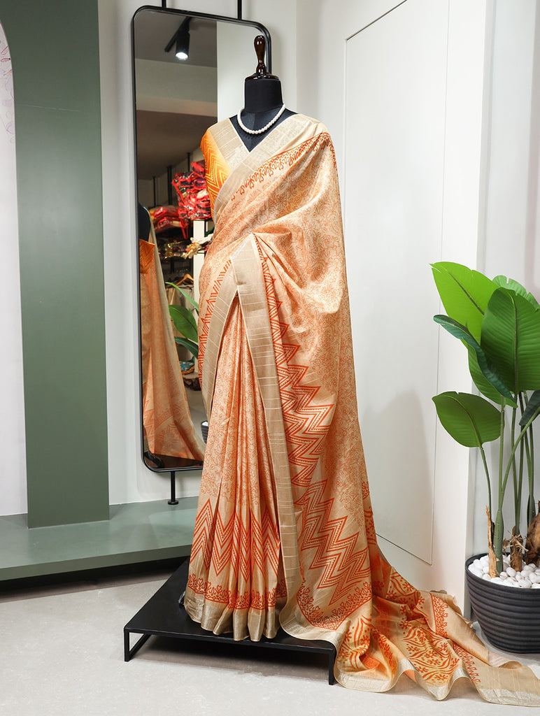 Orange Handloom Kotha Border Saree with Digital Print ClothsVilla